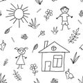 Seamless pattern with hand drawn kids summer objects from a child`s life. Doodle style.